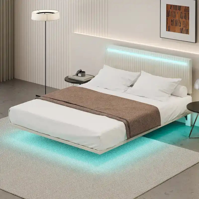 Plně polstrovaná sametová plovoucí postel s LED osvětlením a vertikálním drážkovaným designem
