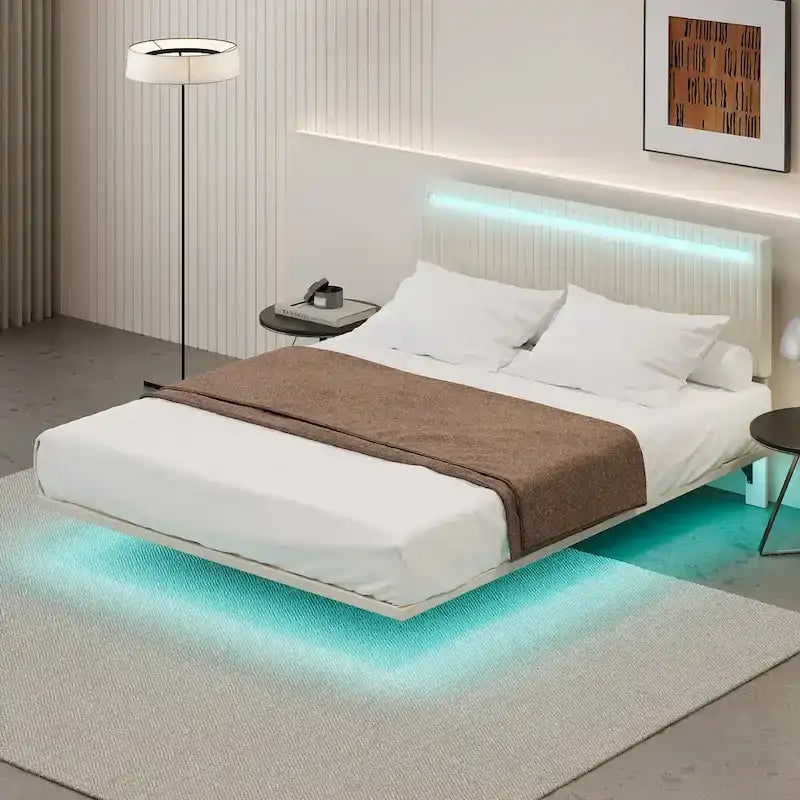 Modern Upholstered Floating Bed Frame with LED Lights, Vertical Channel Design Velvet Fabric Bed, Full Size, Beige