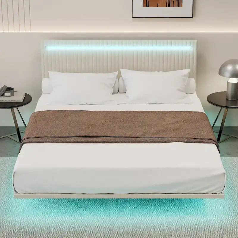 Plně polstrovaná sametová plovoucí postel s LED osvětlením a vertikálním drážkovaným designem