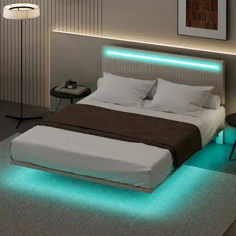 Plně polstrovaná sametová plovoucí postel s LED osvětlením a vertikálním drážkovaným designem