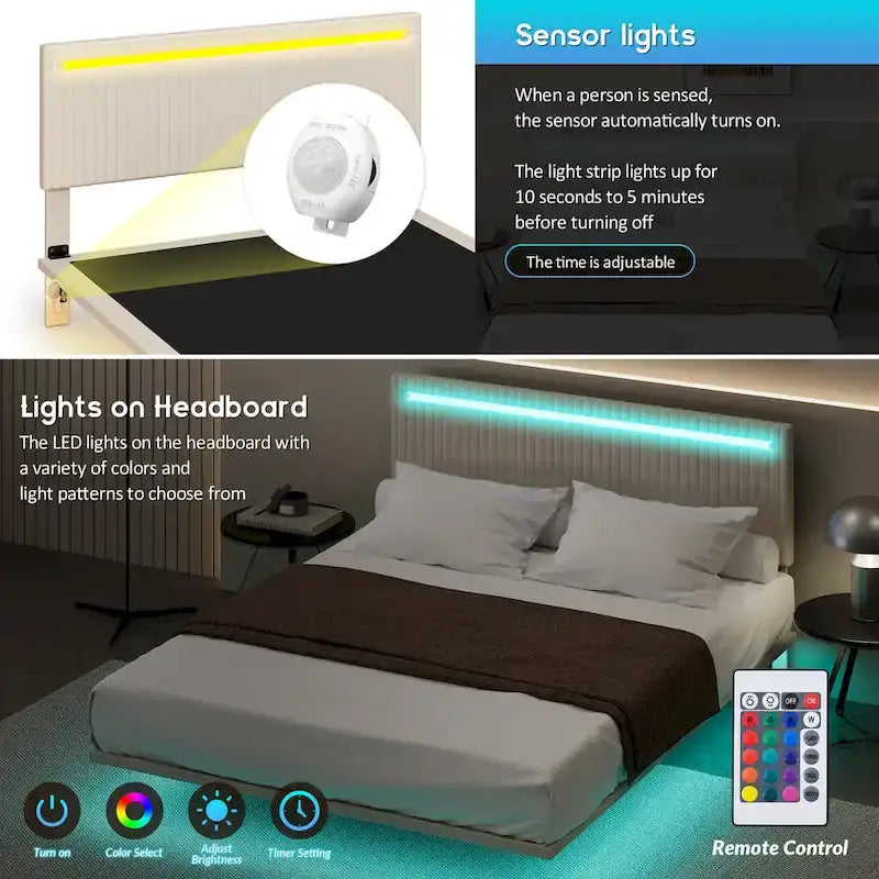 Plně polstrovaná sametová plovoucí postel s LED osvětlením a vertikálním drážkovaným designem