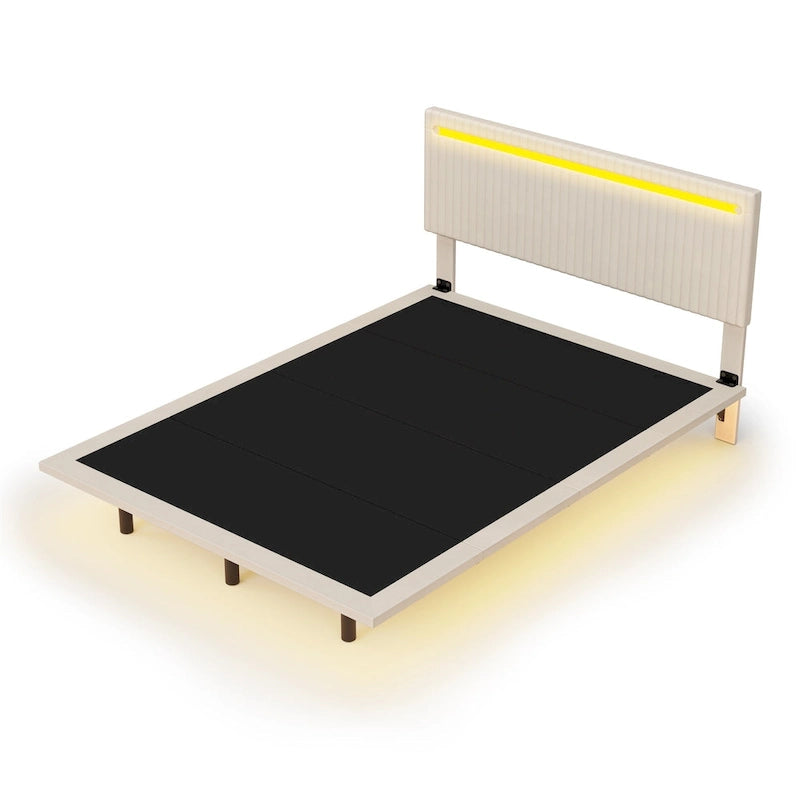 Plně polstrovaná sametová plovoucí postel s LED osvětlením a vertikálním drážkovaným designem