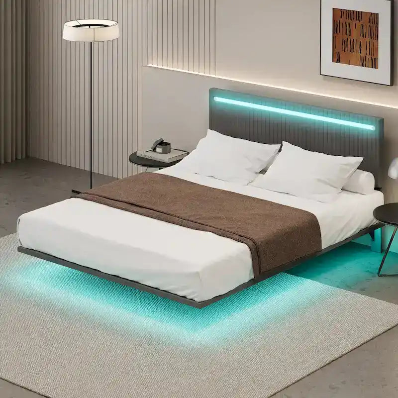 Plně polstrovaná sametová plovoucí postel s LED osvětlením a vertikálním drážkovaným designem