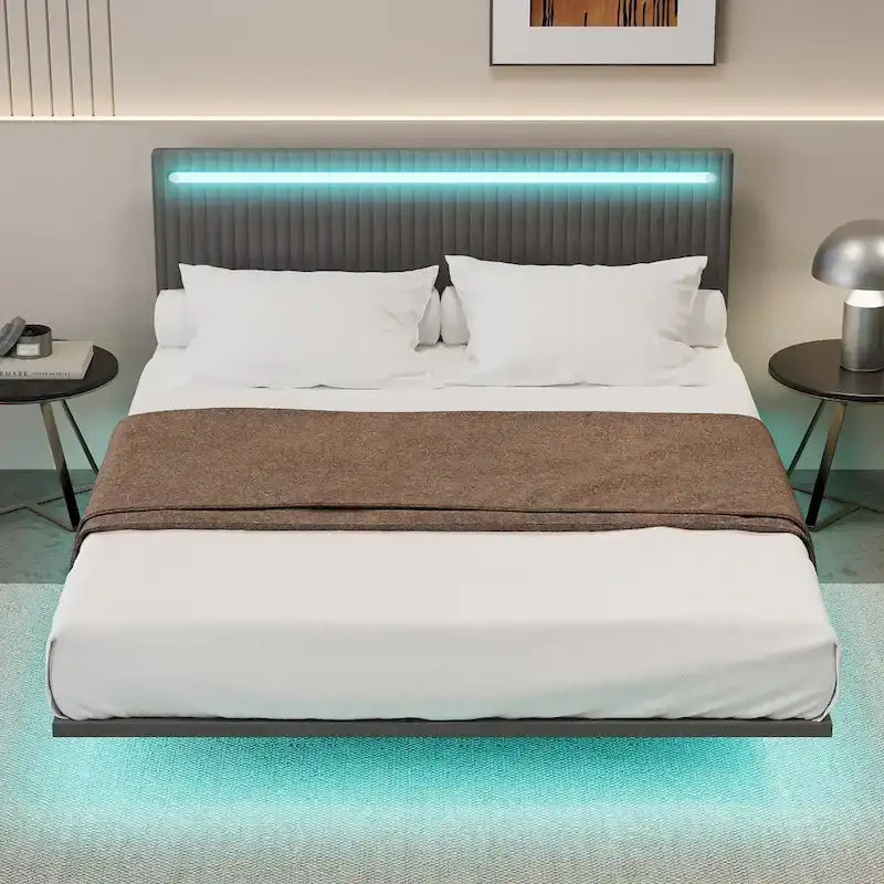 Plně polstrovaná sametová plovoucí postel s LED osvětlením a vertikálním drážkovaným designem