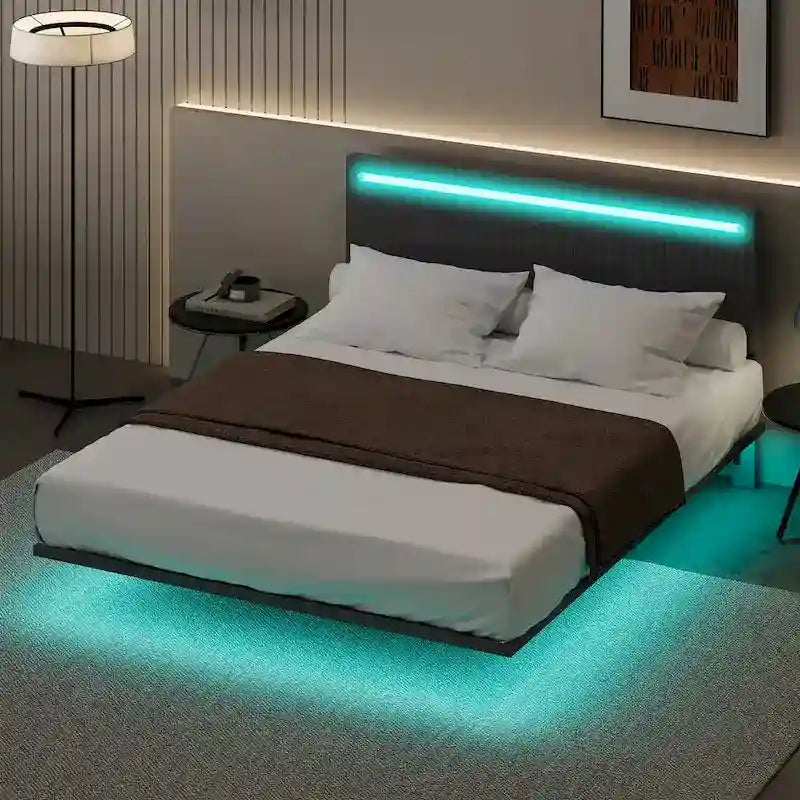 Plně polstrovaná sametová plovoucí postel s LED osvětlením a vertikálním drážkovaným designem