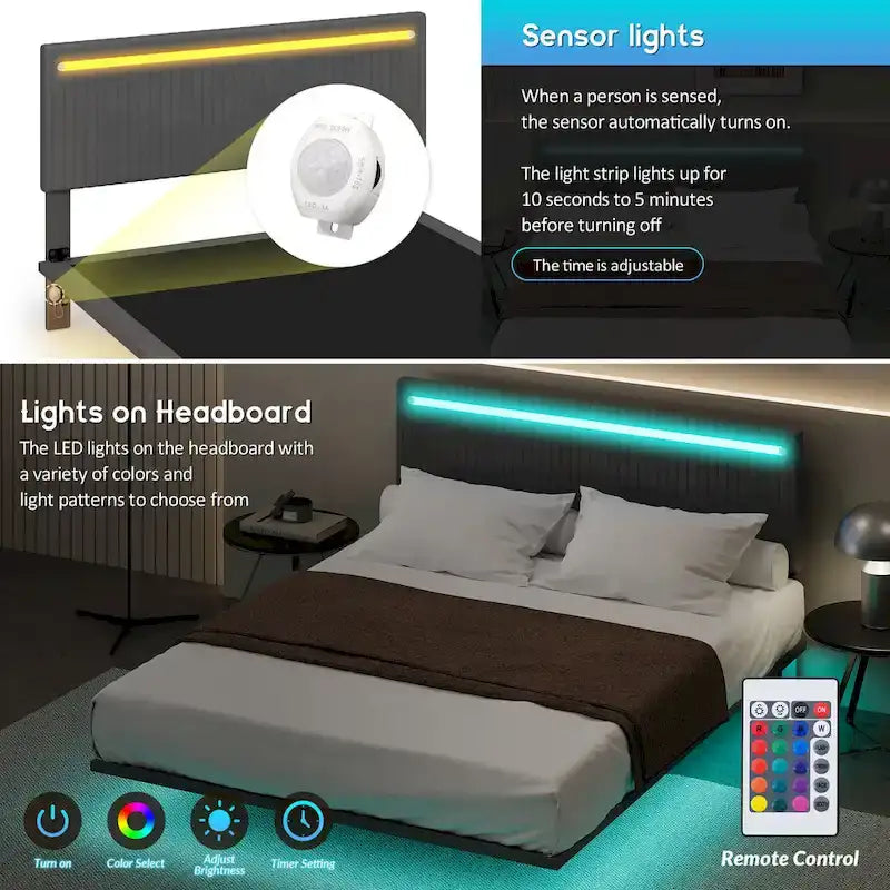 Plně polstrovaná sametová plovoucí postel s LED osvětlením a vertikálním drážkovaným designem