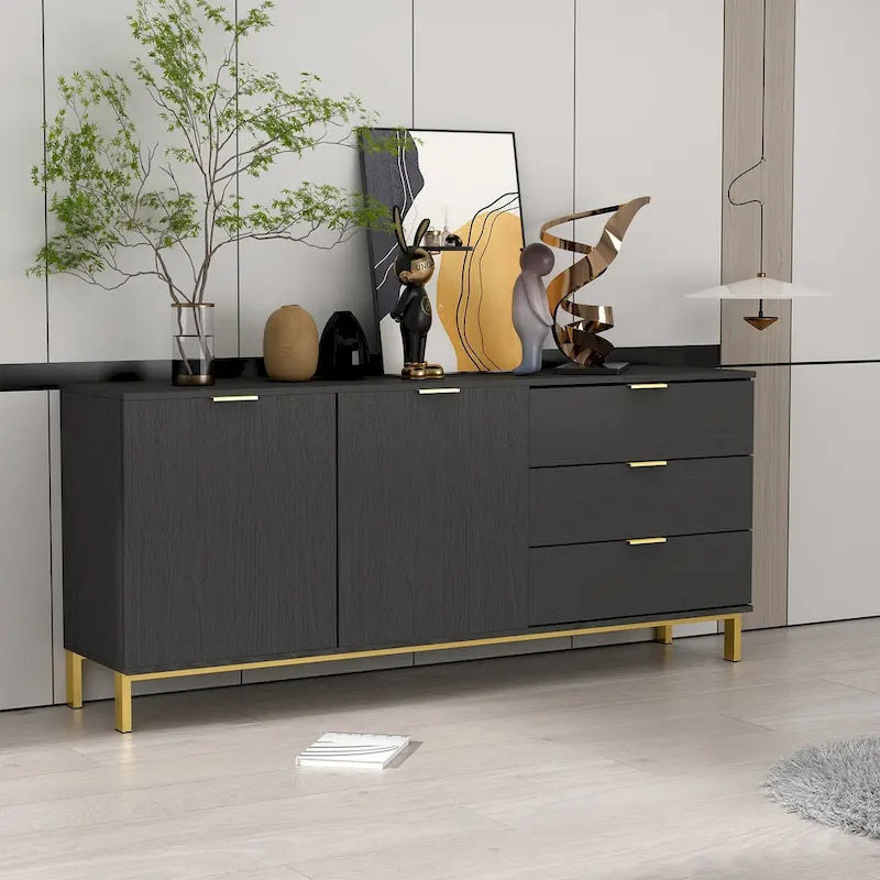 Komoda Mid-Century Modern se zlatými nohami, 5zásuvková skříňka z MDF