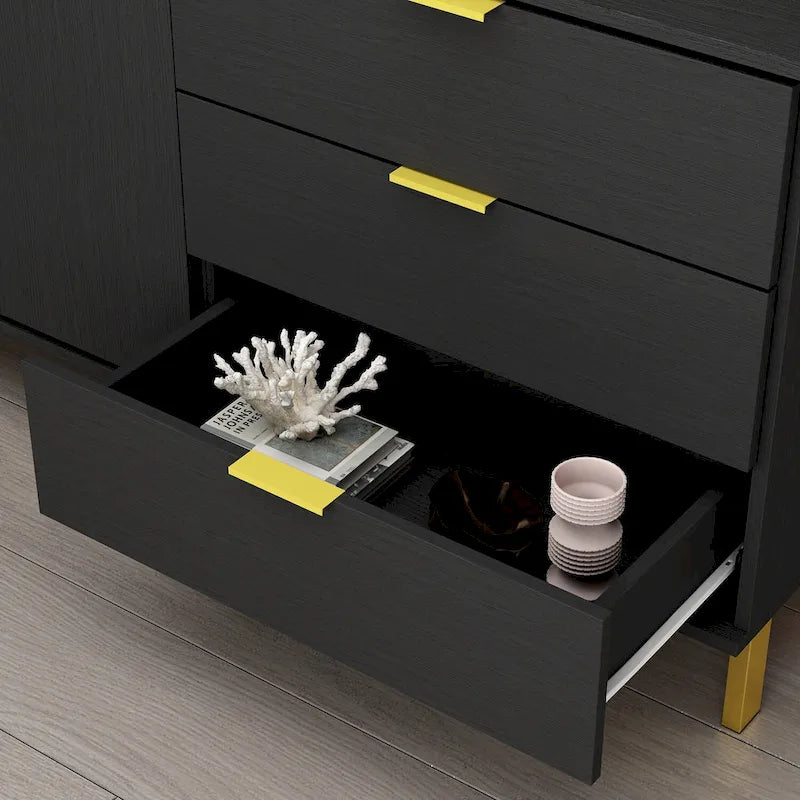 Komoda Mid-Century Modern se zlatými nohami, 5zásuvková skříňka z MDF
