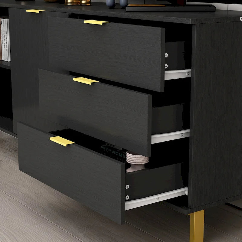 Komoda Mid-Century Modern se zlatými nohami, 5zásuvková skříňka z MDF