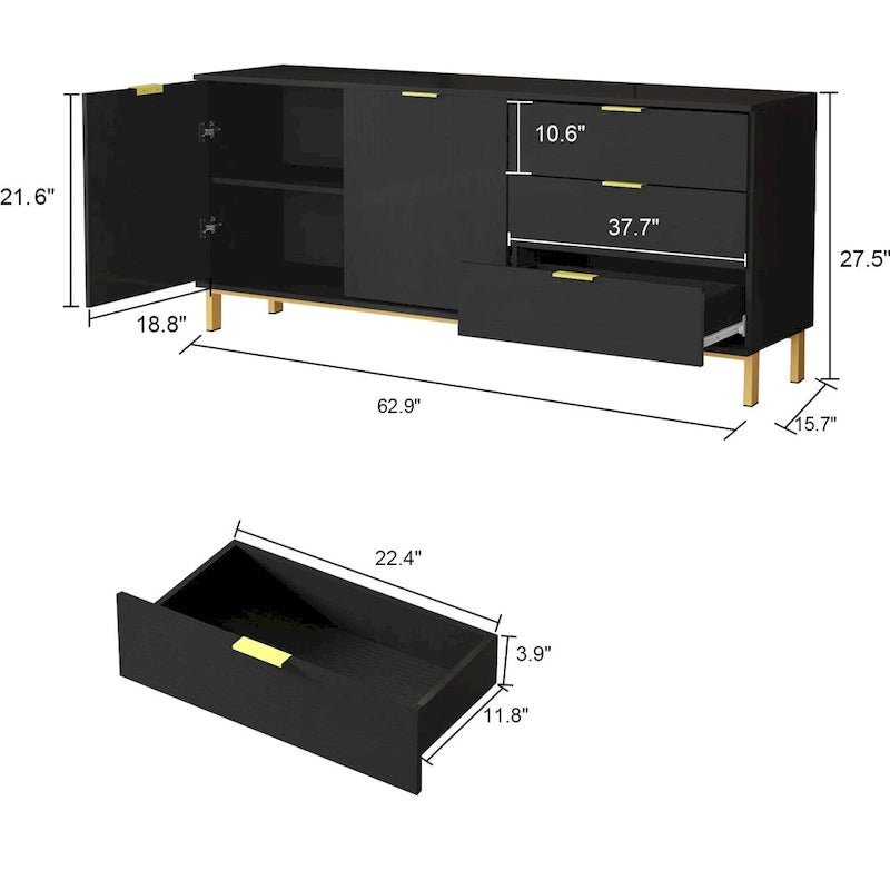 Komoda Mid-Century Modern se zlatými nohami, 5zásuvková skříňka z MDF