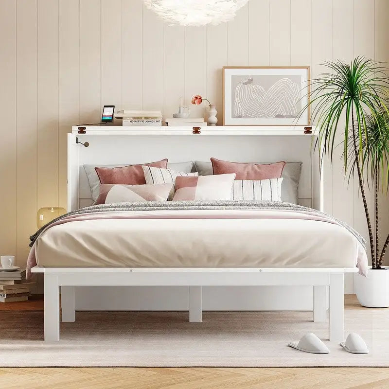 Truhla s výklopnou postelí velikosti Queen s psacím stolem, USB portem a odnímatelnými bočními policemi