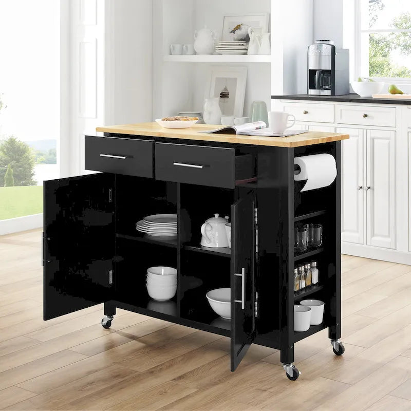 Pojízdný kuchyňský ostrůvek s dřevěnou deskou, 2 skříňkami a 2 zásuvkami, výška 94 cm