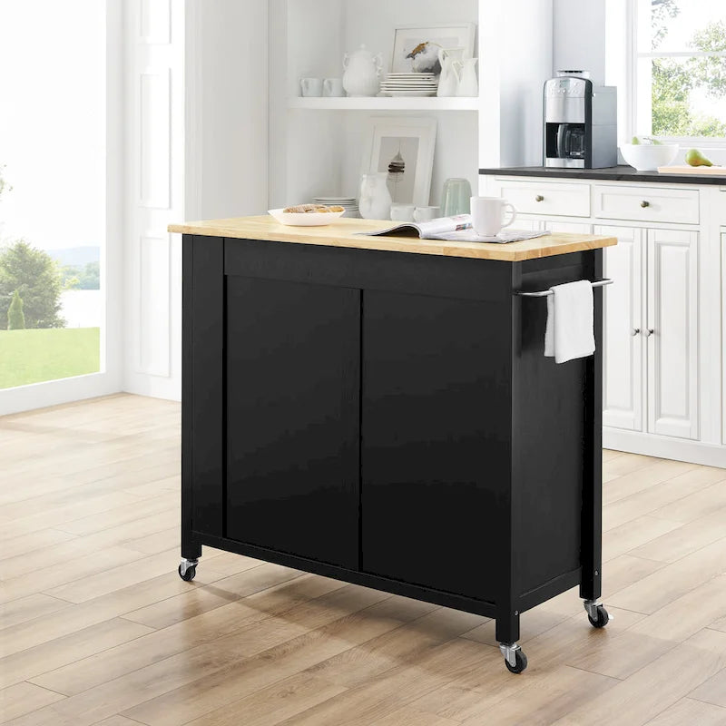 Pojízdný kuchyňský ostrůvek s dřevěnou deskou, 2 skříňkami a 2 zásuvkami, výška 94 cm