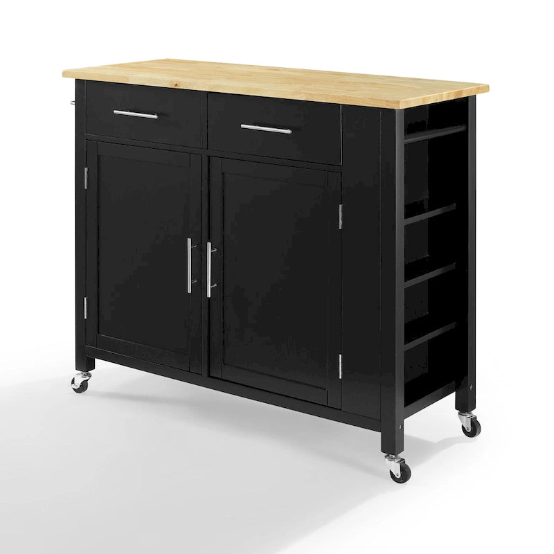 Pojízdný kuchyňský ostrůvek s dřevěnou deskou, 2 skříňkami a 2 zásuvkami, výška 94 cm