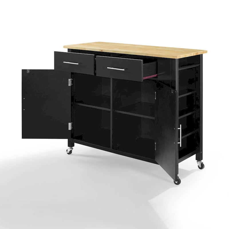 Pojízdný kuchyňský ostrůvek s dřevěnou deskou, 2 skříňkami a 2 zásuvkami, výška 94 cm