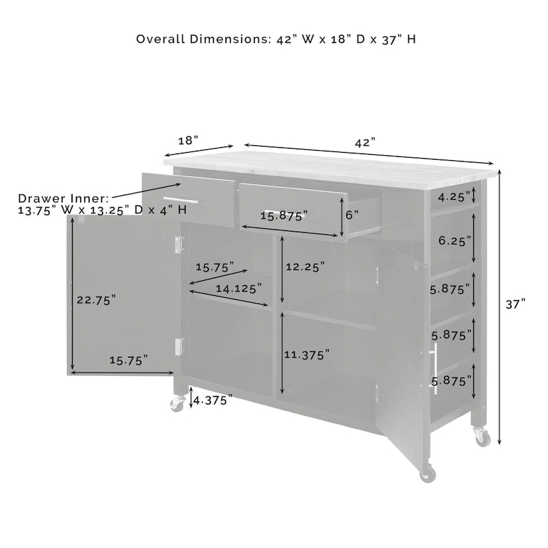 Pojízdný kuchyňský ostrůvek s dřevěnou deskou, 2 skříňkami a 2 zásuvkami, výška 94 cm