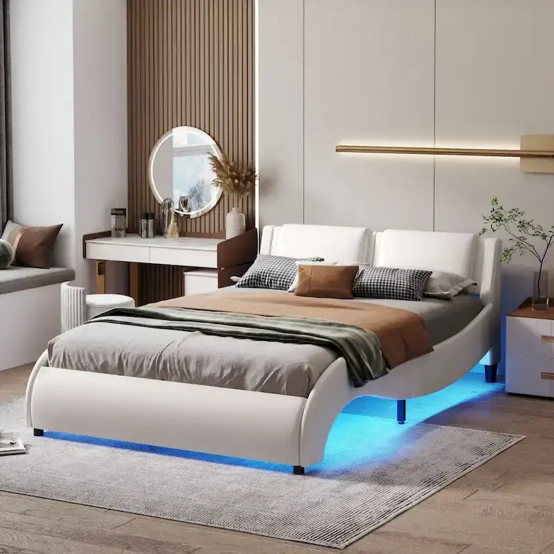 Manželská postel s roštem a LED osvětlením z umělé kůže