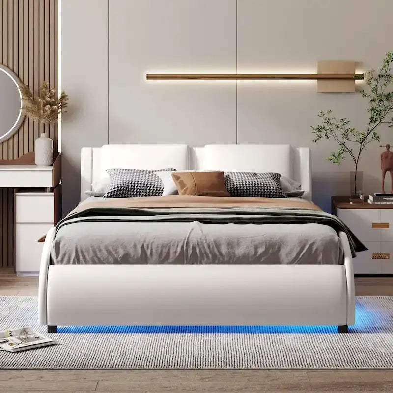 Manželská postel s roštem a LED osvětlením z umělé kůže