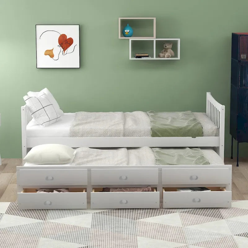 Rozkládací postel plné velikosti s výsuvným lůžkem a 3 úložnými zásuvkami, bílá