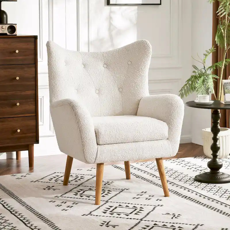 Křeslo s područkami a opěradlem typu wingback, s knoflíkovým čalouněním, boucle tkanina, mandlová barva