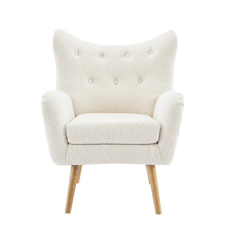 Křeslo s područkami a opěradlem typu wingback, s knoflíkovým čalouněním, boucle tkanina, mandlová barva