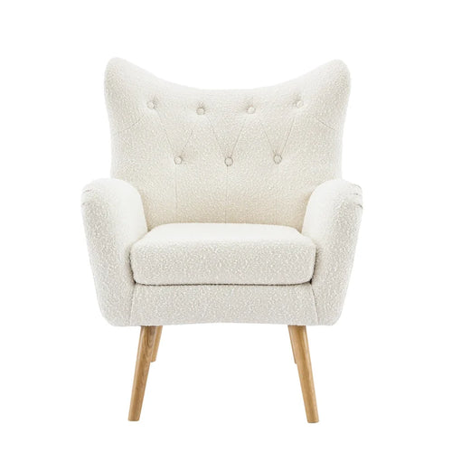 Křeslo s područkami a opěradlem typu wingback, s knoflíkovým čalouněním, boucle tkanina, mandlová barva