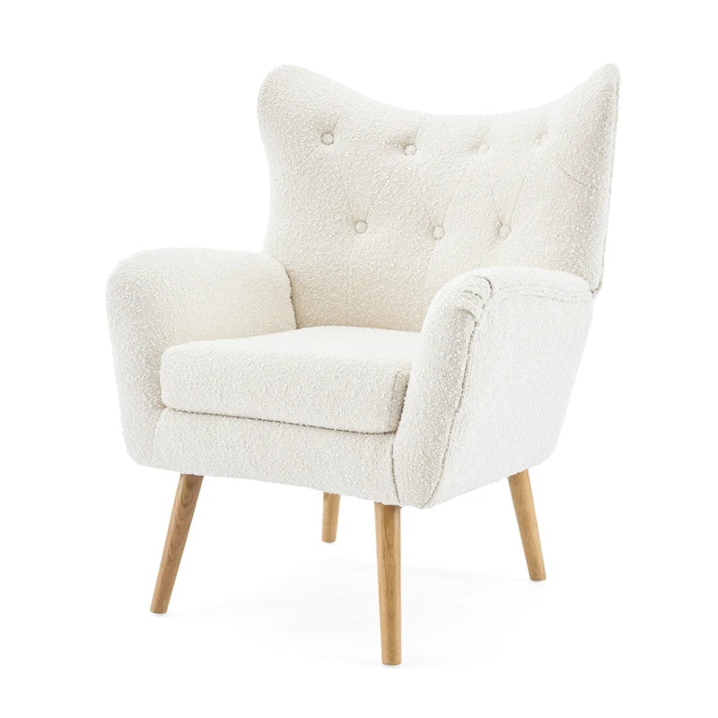 Křeslo s područkami a opěradlem typu wingback, s knoflíkovým čalouněním, boucle tkanina, mandlová barva