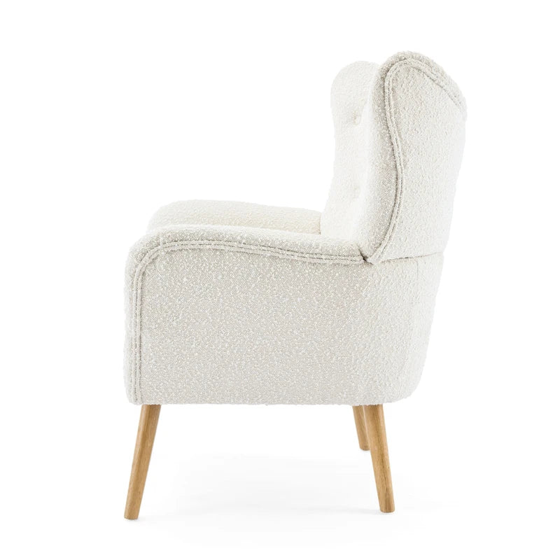 Křeslo s područkami a opěradlem typu wingback, s knoflíkovým čalouněním, boucle tkanina, mandlová barva